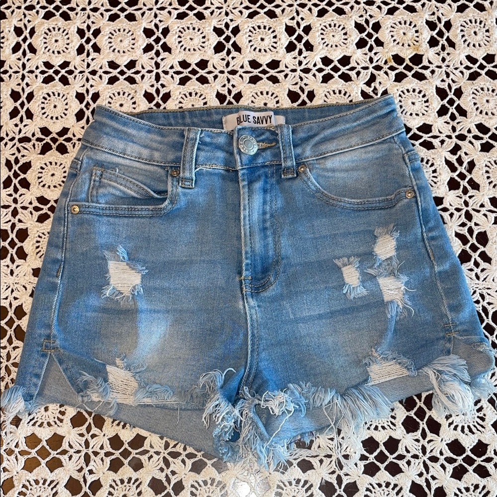 Blue Savvy Women's Light Blue Distressed Denim Shorts